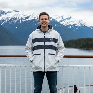 Dimco Jacket Mens Medium White Windbreaker Rain Hooded Sailing Alaska Ketchikan